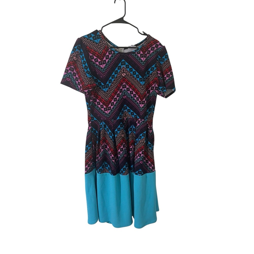 LuLaRoe Amelia  XL Blue Chevron Pink Aztec Southwest‎ Feminine Dress Pockets